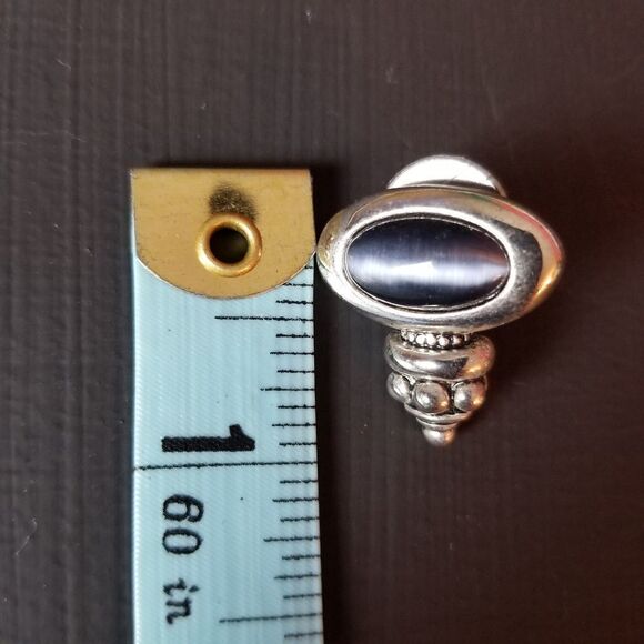 Silver Earring Dark Grey Cat Eye Stone - Picture 3 of 3